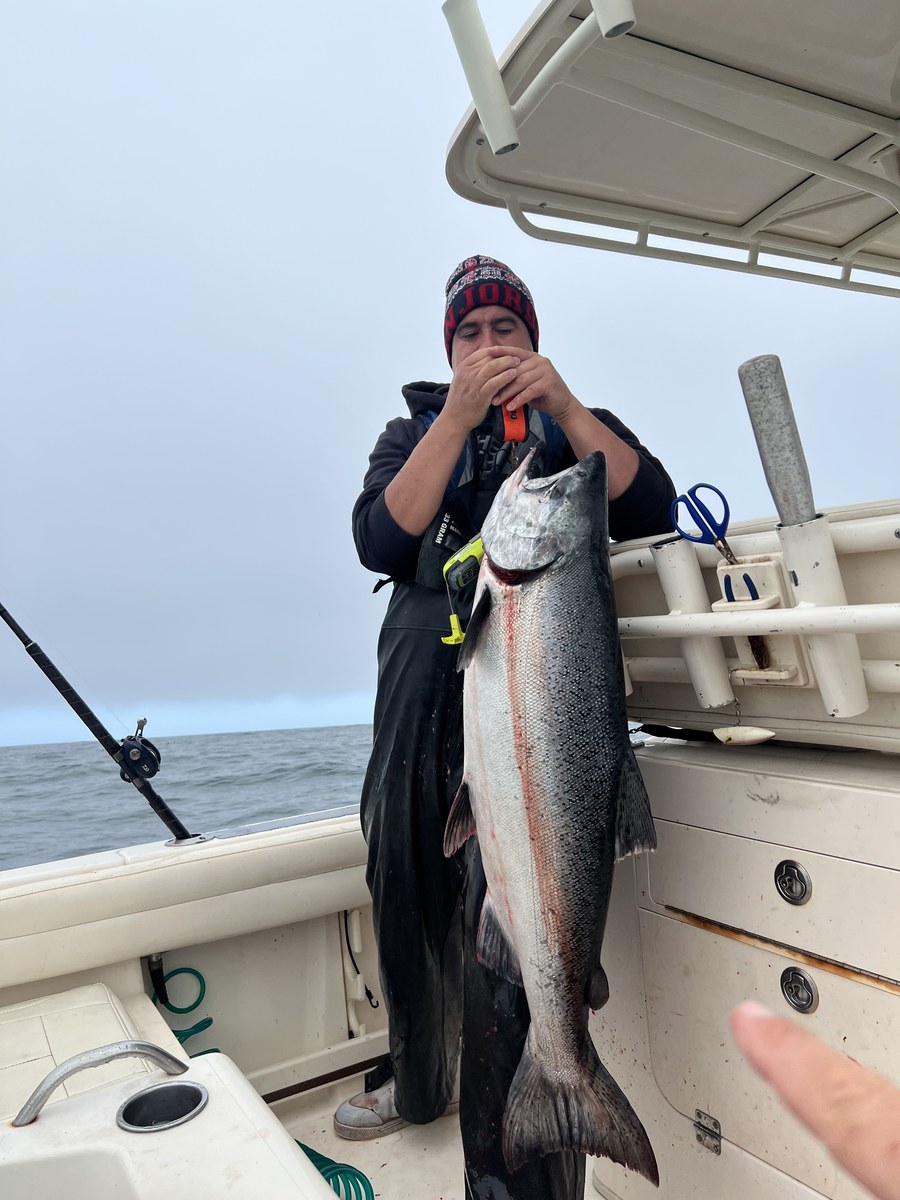 Weighing a heavy king offshore.